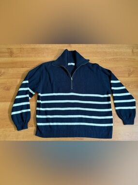 Hollister Women's Navy White Striped Quarter Zip  Crew Neck Sweater Size M